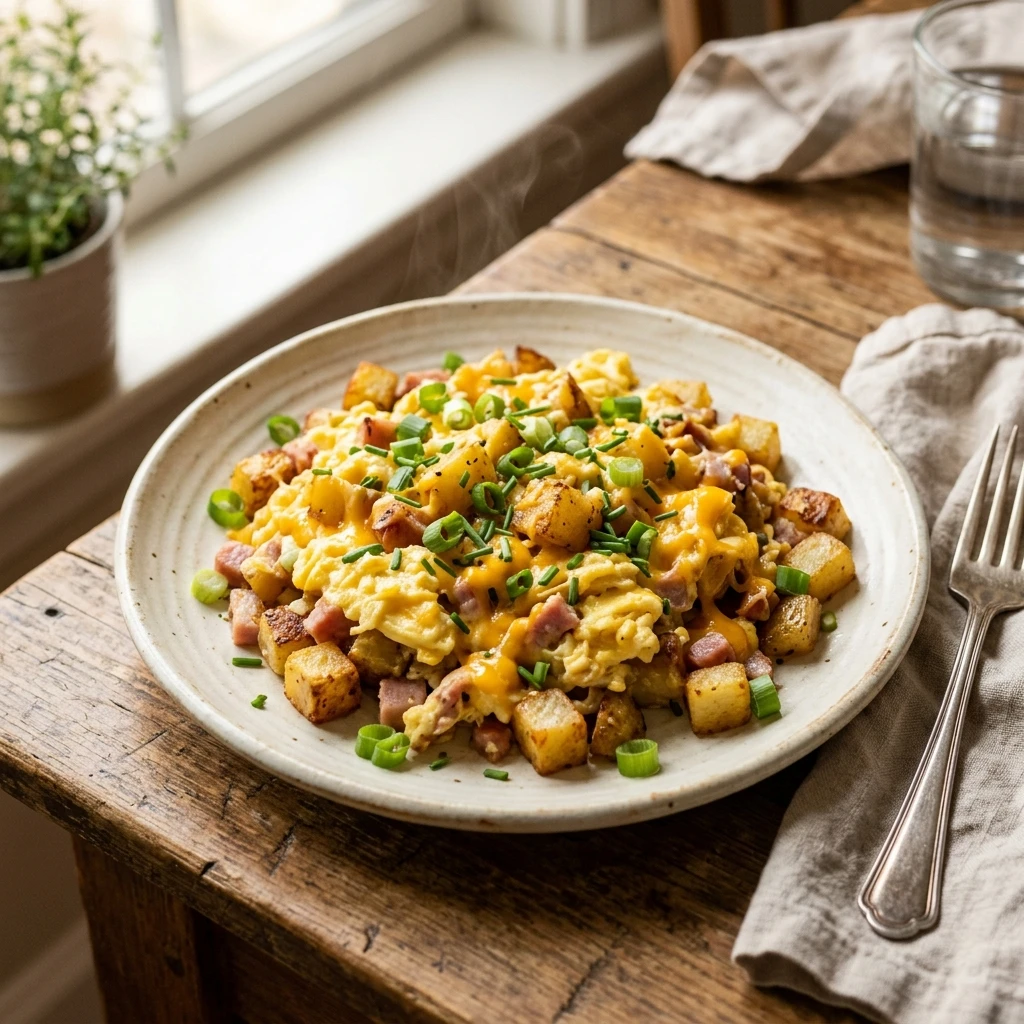 Cheesy Potato Egg Scramble for the Ultimate Breakfast - Recipe Image