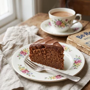 mouth-watering, professional but nostalgic shot of a slice of Be-Ro Milk Chocolate Cake. The slice is served on a vintage floral-patterned china plate. The cake has a moist, tender crumb and a simple, glossy chocolate glaze.