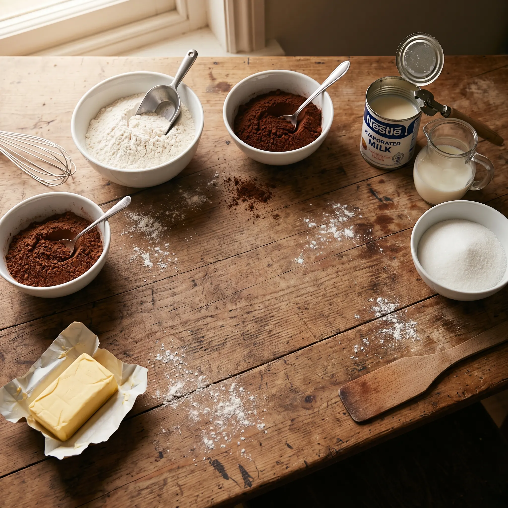 A top-down, rustic flat-lay photograph of various prepped baking ingredients arranged on a weathered wooden plank table. Surrounding a clear central space are bowls of flour with a scoop, cocoa powder with spoons, sugar, a pitcher of milk, an opened Nestlé Evaporated Milk can, a can opener, butter on a wrapper, a whisk, and a wooden spatula. Scattered dustings of flour and cocoa, along with two cocoa beans and a tiny spice spoon with sugar, are visible in the center.