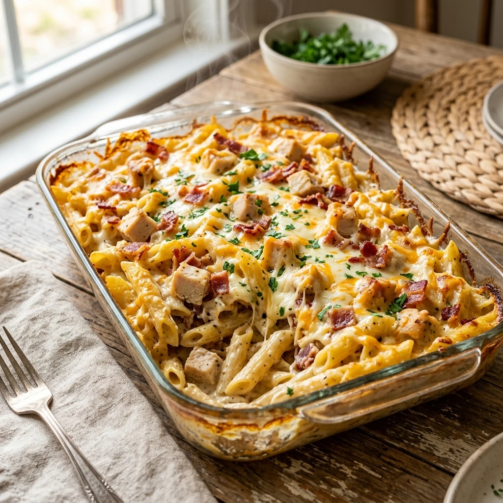Creamy Chicken Bacon Ranch Pasta Bake - Recipe Image