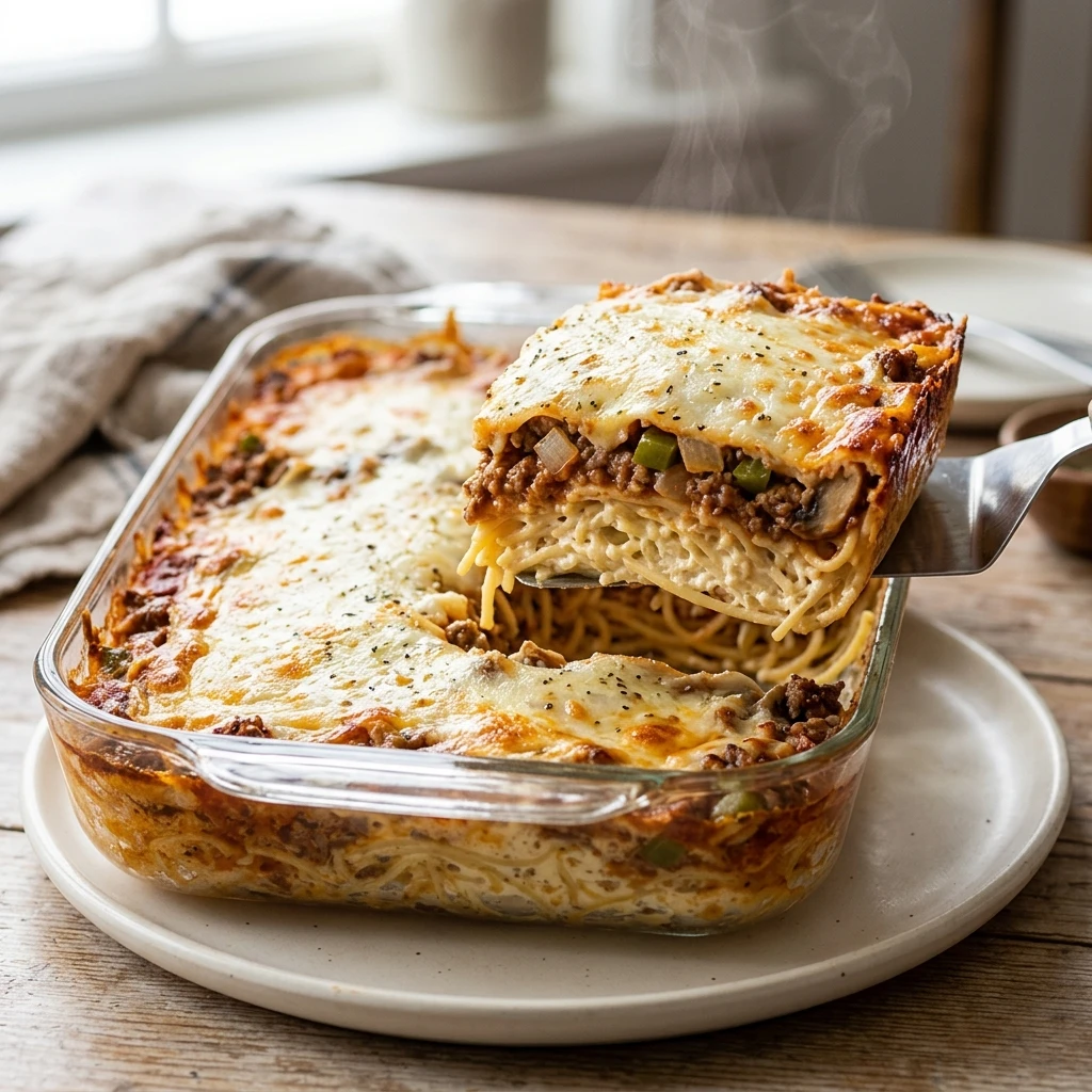 Easy Cream Cheese Spaghetti Casserole for Family Dinner - Recipe Image