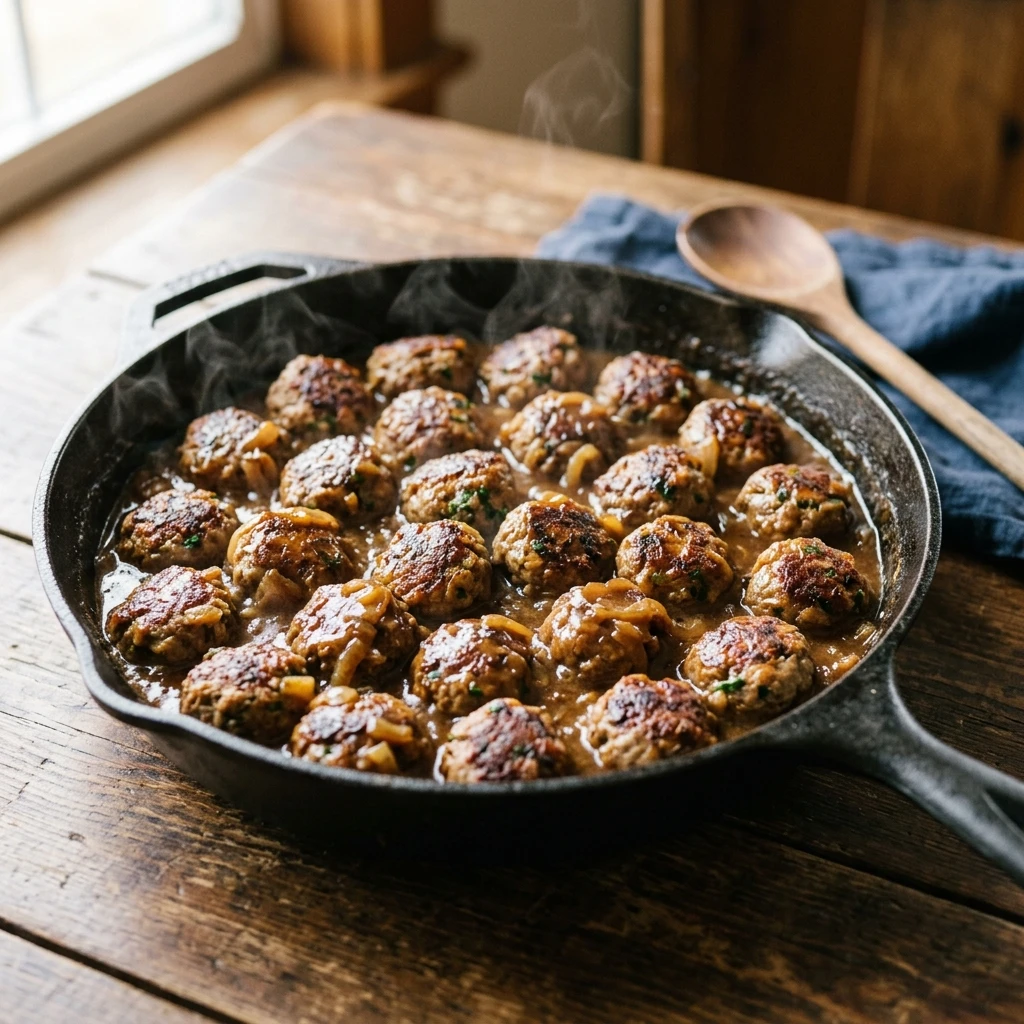 Easy Ground Beef Meatballs and Gravy for Dinner - Recipe Image